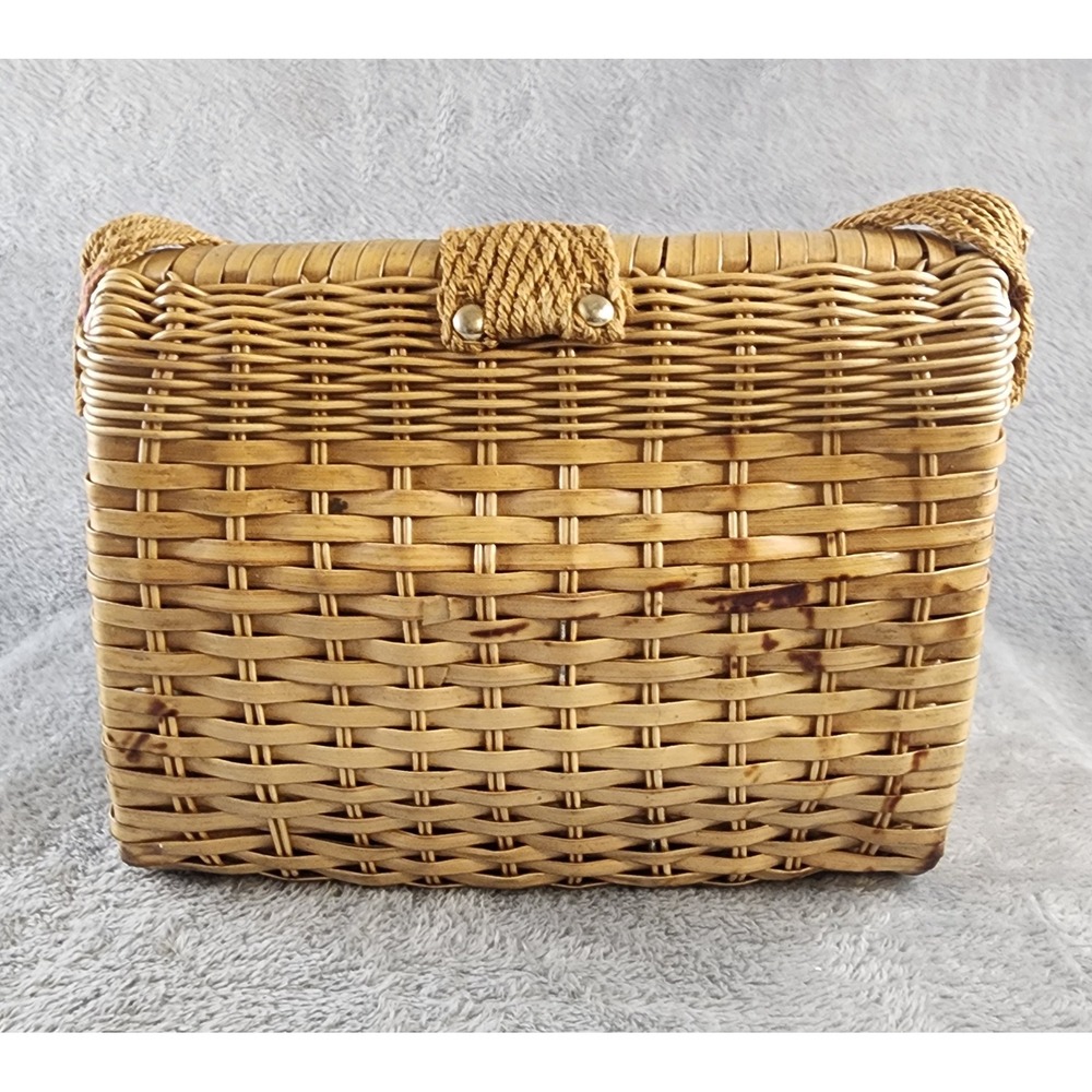 Vintage Bonnie International Wicker Box Handbag Tan Woven Purse Gold Hardware - Picture 9 of 10